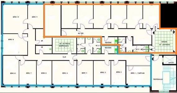 Planungsskizze 1. OG (orange markiert) B�rofl�che Hamburg